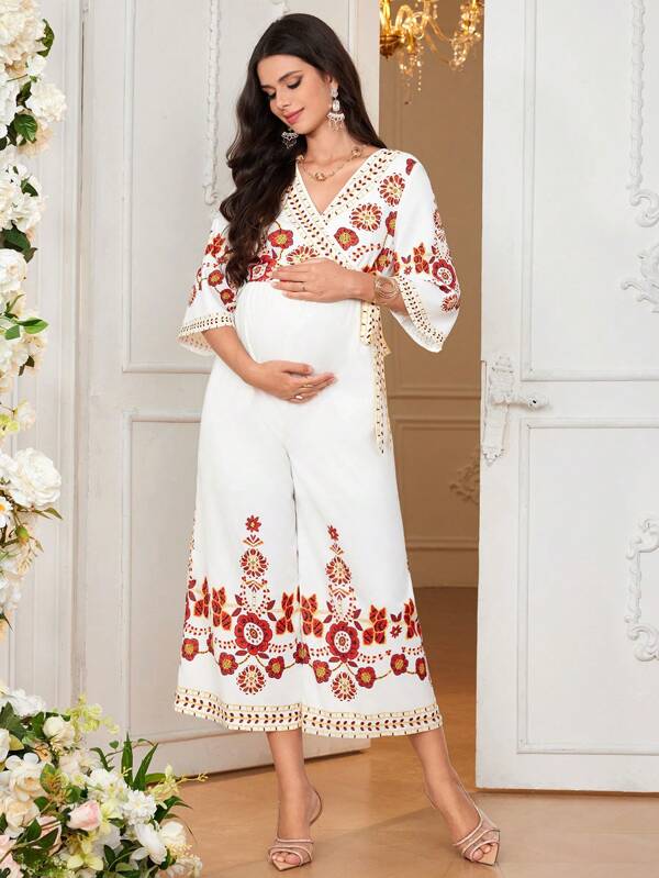 SHEIN Maternity Elegant V-Neck Long Sleeve Straight-Leg Jumpsuit
