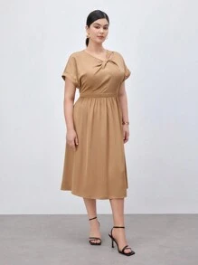 BizChic Plus Size Summer Casual Twist Knot Neckline Batwing Sleeve Waist-Defined Midi Dress In Solid Color - Brown - View 3