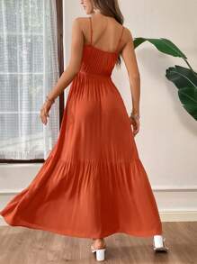 SHEIN Essnce Women's Orange Woven Neckline & Lace Splicing A-Line Casual Dress With Spaghetti Straps For Summer