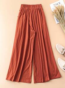 SHEIN Essnce Quần mùa hè nữ màu trơn thường ngày bán co giãn Quần cotton và vải lanh ống rộng - Rỉ Nâu - Xem 2