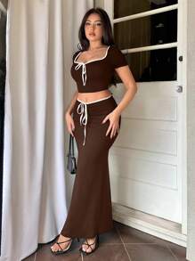 Aloruh 夏季情人節蝴蝶結綁帶短袖上衣和魚尾裙套裝，假日穿著 - 咖啡棕 - 查看 5