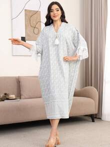 Summer Elegant Embroidered Tassel Batwing Sleeve Arabic Style Dress - Green - View 5