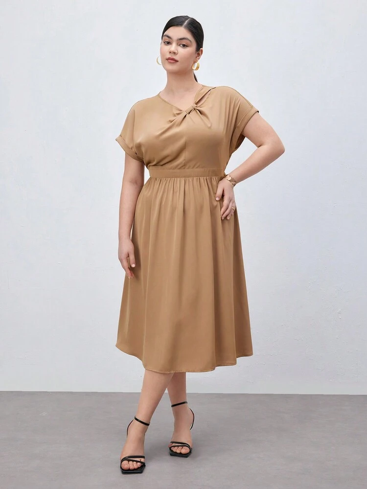 Plus Size Summer Casual Twist Knot Neckline Batwing Sleeve Waist-Defined Midi Dress In Solid Color