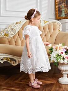 Young Girl 1pc Scallop Trim Embroidery Mesh Overlay Dress - White - View 5