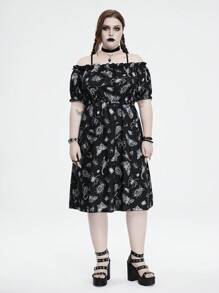 ROMWE Goth 大尺碼女士哥德式昆蟲圖案露肩收腰迷你連衣裙，夏季 - 黑色 - 查看 6