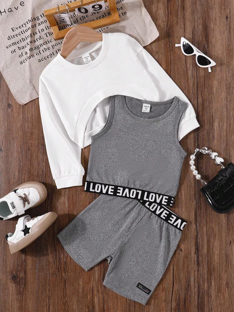 Young Girls' Casual Style 3pcs/Set Sleeveless Top, Long Sleeve Sweatshirt, And Shorts For Spring/Summer