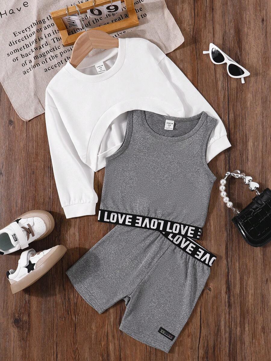 SHEIN Young Girls' Casual Style 3pcs/Set Sleeveless Top, Long Sleeve Sweatshirt, And Shorts For Spring/Summer - Multicolor - View 1