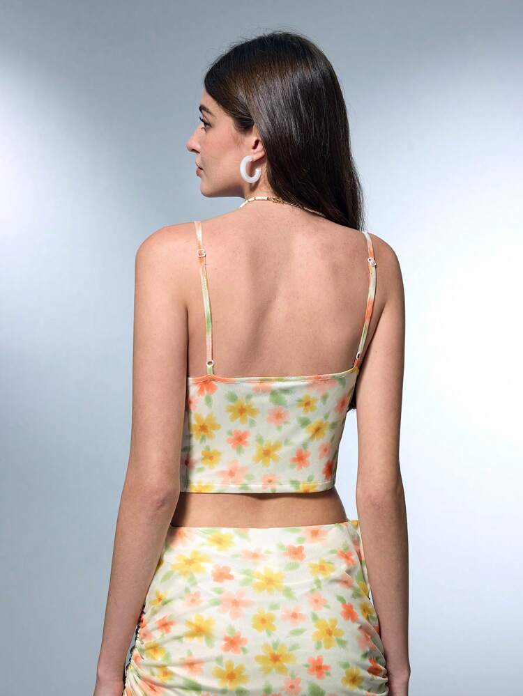 Artist Women Vacation Girlcore Casual Mesh Printed Crop Cami Top With Asymmetrical Hem, For Summer, Holiday, Beach, Going Out, Festival, Ibiza Fits, Western Wear