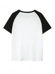 女士夏季字母与卡通印花撞色圆领插肩袖宽松休闲短袖 T 恤 - 黑與白 - 查看 2