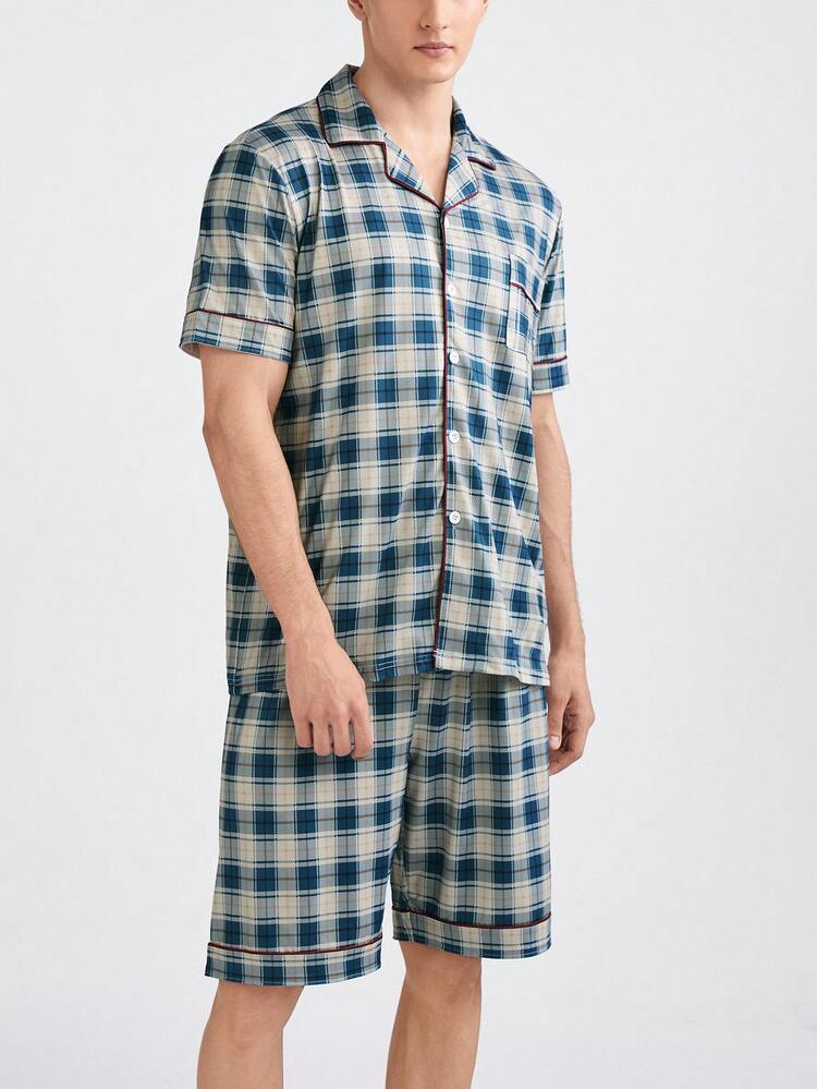 Men's Plaid Contrast Piping Short Sleeve Top And Shorts Homewear Set