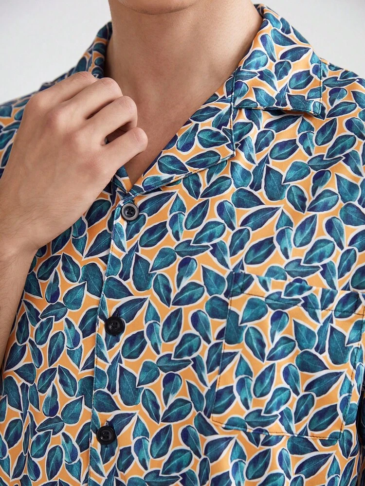Men's Full Print Lapel Collar Short Sleeve Top And Shorts Homewear Set