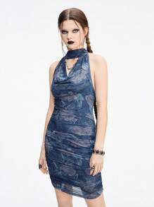 ROMWE Grunge Punk Đầm lưới mỏng phong cách tương lai thời trang dành cho nữ với chữ số in toàn bộ có đầy đủ các yếu tố hoa hồng - Nhiều màu - Xem 5