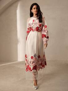 Anewsta Exquisite Floral Embroidery Sequin Lace Border Women Dress - Multicolor - View 7