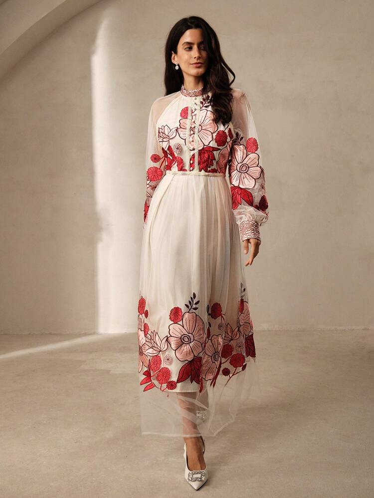 Exquisite Floral Embroidery Sequin Lace Border Women Dress