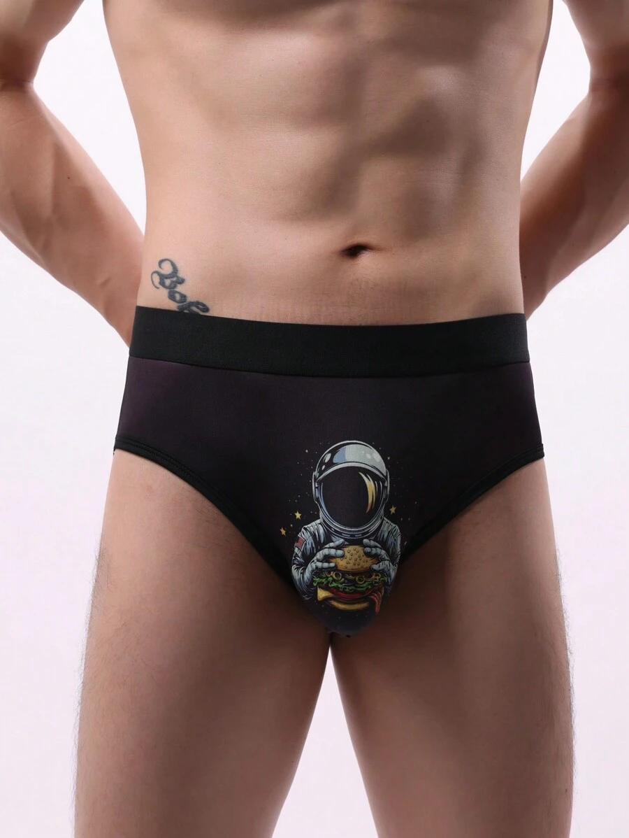 Men's Cartoon Astronaut Printed Briefs - Black - View 1