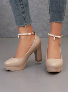 Khaki Sandals With Faux Pearl Decor, Elegant Style, PU Leather - Khaki - View 4