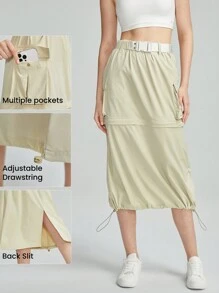 GLOWMODE 2-In-1 Drawstring Pocket Pleated Midi To Mini Skirt Low Impact Hiking Outdoor Casual Daily - Beige - View 5
