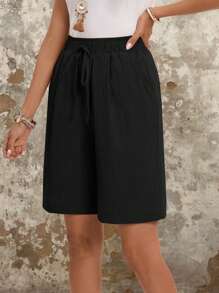 EMERY ROSE Solid Color Elastic Waist Slant Pocket Shorts  Women's Summer Shorts Cotton Comfy Shorts - Black - View 3