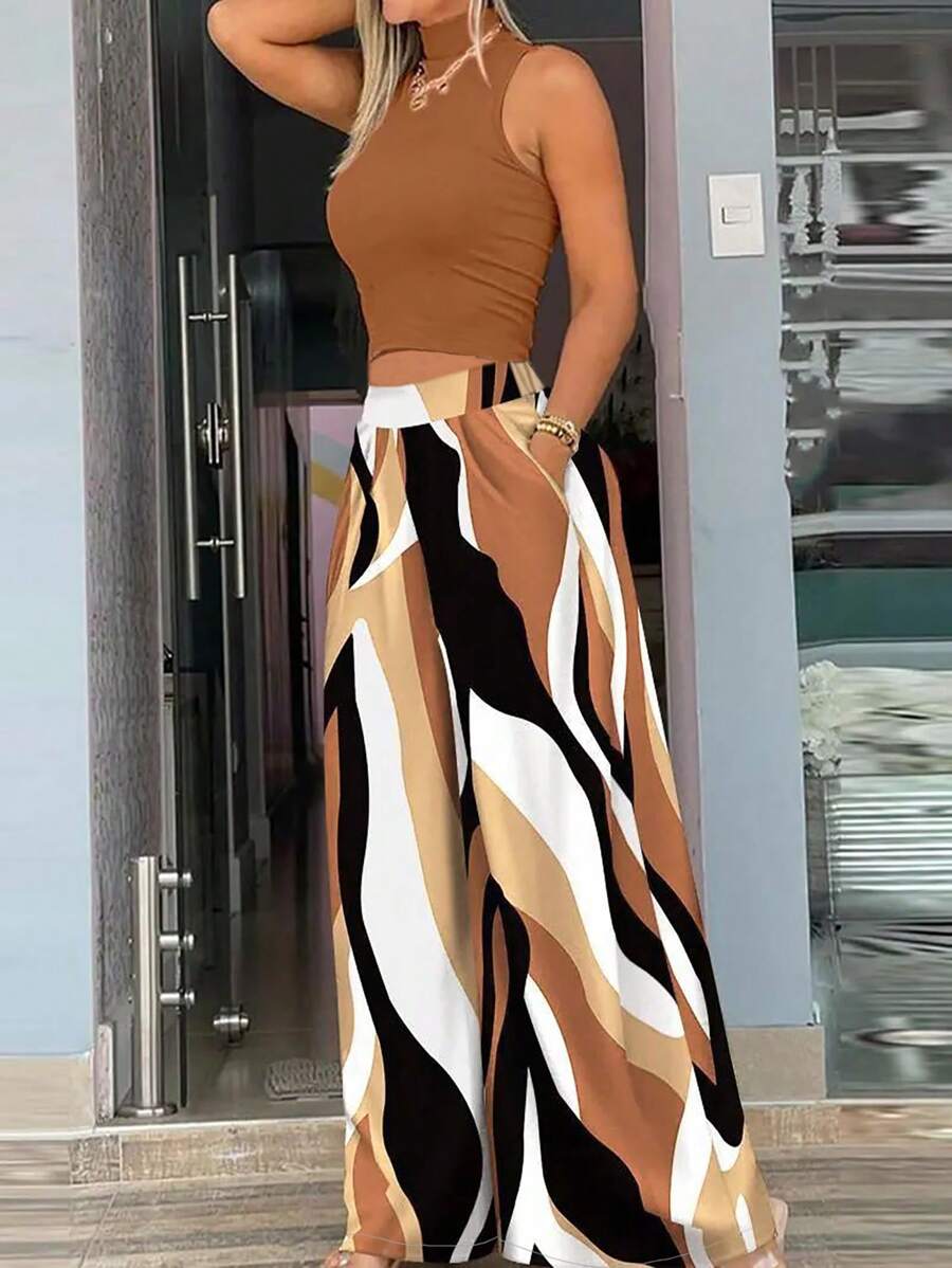 Women's Casual Vacation Style Ribbed Knit Mock Neck Sweater (Wavy Pattern) Paired With Wide Leg Woven Pants 2 Pieces Set - Coffee Brown - View 1