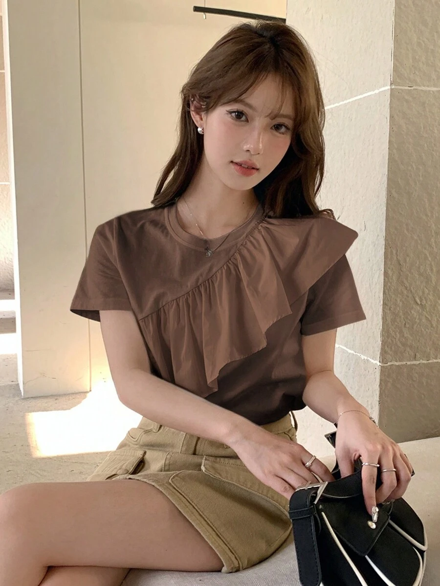 DAZY 女士夏季純色拼接荷葉邊造型圓領短袖休閒T恤 - 棕色 - 查看 1