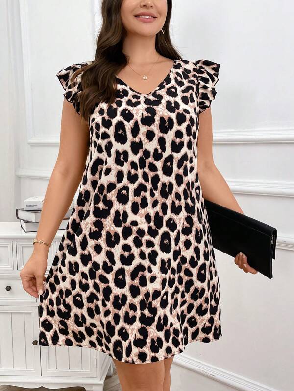 SHEIN Clasi Rochie de vară cu mâneci tip leopard cu imprimeu leopard de mărimi plus