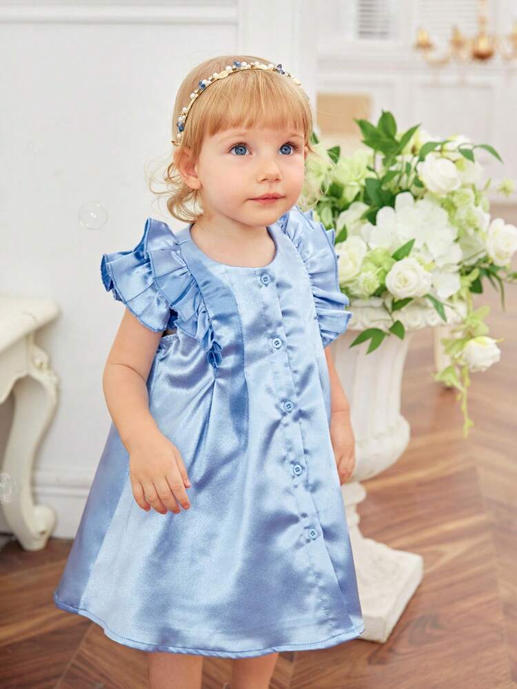Baby Girl's Elegant And Gorgeous Satin Ruffle Hem Pleated Dress With Cap Sleeves