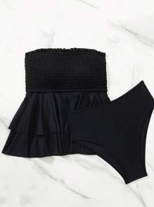 SHEIN Swim Mod Bộ đồ bơi hở lưng xếp nếp màu trơn đi biển dành cho nữ mùa hè - màu đen - Xem 6