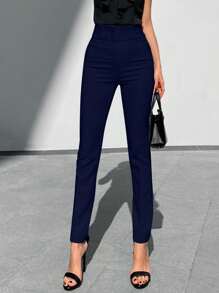 EURMUSE Solid Zipper Fly Skinny Pants - Navy Blue - View 4