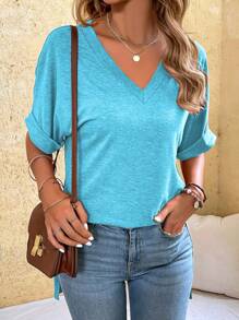 SHEIN LUNE Women's Summer Solid Color V-Neck Short Sleeve Casual T-Shirt