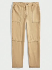 Manfinity Homme Men's Solid Color Slouchy Tapered Woven Casual Pants With Inserted Pockets - Khaki - View 3