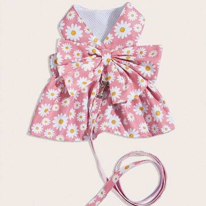 PETSIN Conjunto de collar y correa para mascotas con lazo impreso de flores en margarita rosa, 1 conjunto