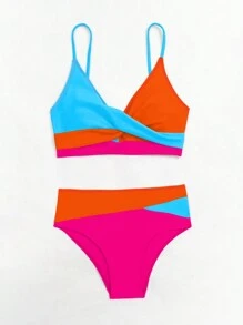 SHEIN Swim Conjunto de bikini cruzado de bloque de color para mujeres de veraneo en la playa, traje de baño sexy de dos piezas - Multicolor - Ver 3