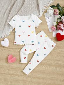 Baby Girls' Casual Heart Pattern Short Sleeve Top And Elastic Waist Long Pants Set
