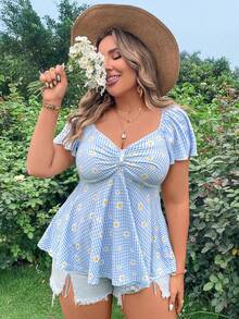 SHEIN SunnyBelle 大尺碼Henley領花卉印花時尚T卹，配飾荷葉邊袖設計 - 藍色 - 查看 6