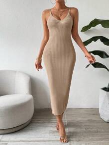 SHEIN Clasi Váy len dệt kim không tay màu trơn đơn giản thời trang dành cho nữ - Lạc đà - Xem 4