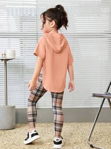 SHEIN Young Girl Daily Street Fashion Knitted Short Sleeve T-Shirt And Shorts Set Plaid Young Girls Sets - Dusty Pink - View 2