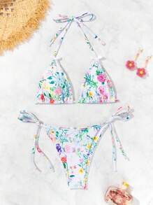 SHEIN Swim Women Random Floral Print Side Tie Halter Neck Bikini Set, Vacation Style Summer - Multicolor - View 1
