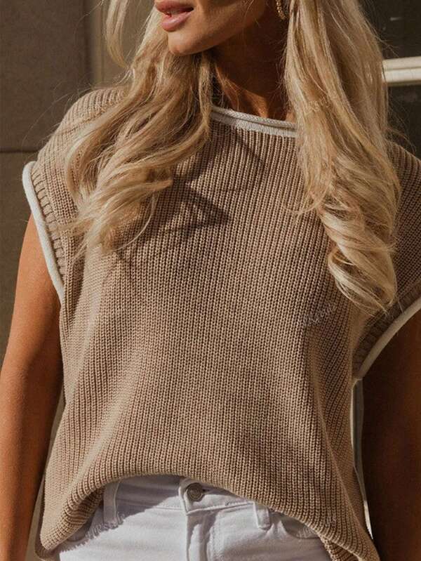 Women's Contrast Binding Casual Colorblock Splice Batwing Sleeve Knit Top Cap Sleeve Knit Sweater Tops Sleeveless Vest Summer Tops Spring Clothes Oversized Tank Tops T Shirts
