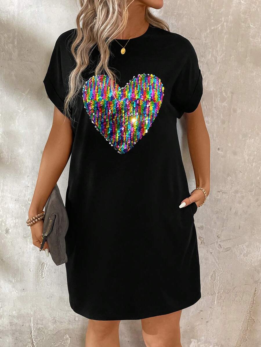 EMERY ROSE Women's Summer Sparkly Heart-Shaped Pattern Batwing Sleeve Straight Casual T-Shirt Dress, Valentine's Day - Black - View 1