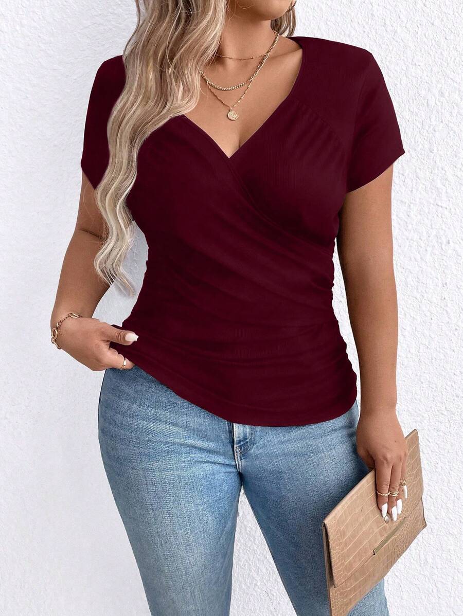SHEIN Clasi Women's Plus Size Summer Solid Color V-Neck Short Sleeve Casual T-Shirt - Burgundy - View 1