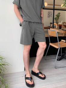 DAZY Men's Summer Solid Color Crew Neck Short Sleeve T-Shirt And Drawstring Waist Shorts Set