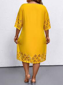 EMERY ROSE Plus Size Women's Summer Solid Color Round Neck Burnout Hollow Out Elegant Dress With 3/4 Sleeves