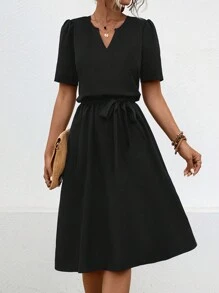 Summer Solid Color V-Neckline Puff Sleeve Empire Waist Dress - Black - View 1