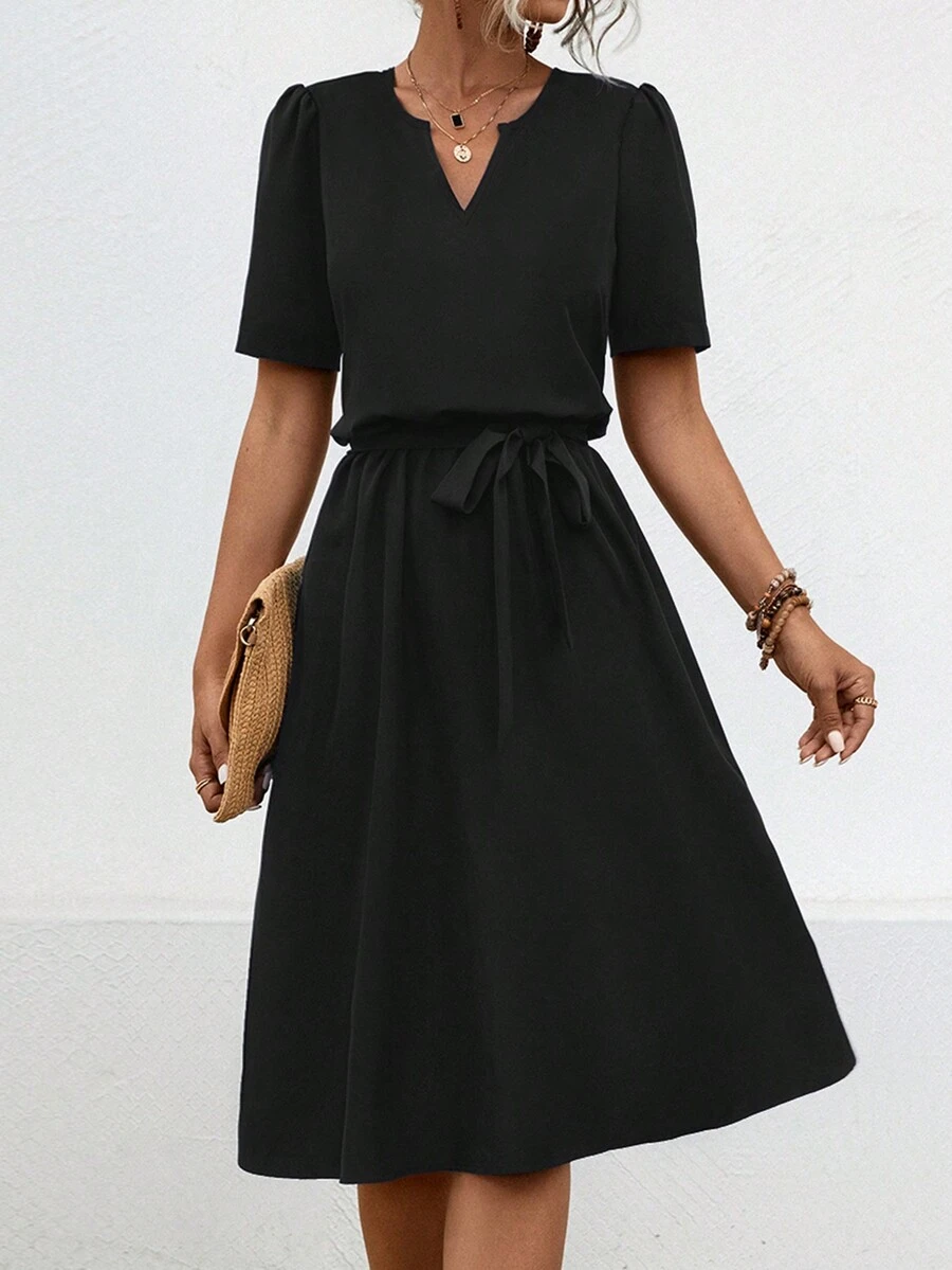Summer Solid Color V-Neckline Puff Sleeve Empire Waist Dress - Black - View 1