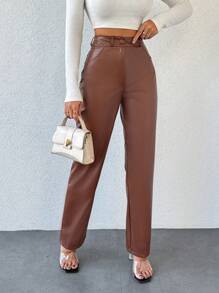 EURMUSE 女士純色高腰褲 - 銅色 - 查看 4