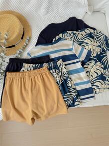 6pcs Young Boy Casual Striped & Leaf Print Short Sleeve T-Shirt With Elastic Waist Shorts, Holiday Outfits