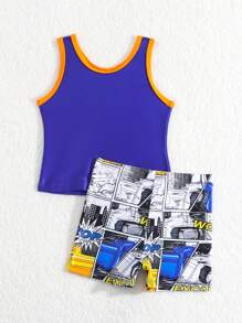 Baby Boy Excavator Letter Print Ringer Tank Top And Shorts Swimsuit - Blue - View 2
