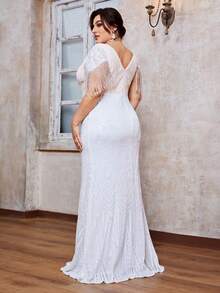 Plus Size Cổ Chữ V Lấp Lánh Sequin Hoa Chắp Vá Tay Ngắn Tua Rua Nàng Tiên Cá Viền Trang Bị Áo Dài - trắng - Xem 2