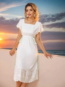 Aveloria Vestido de manga corta para mujer con bordado aleatorio