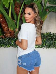 SHEIN SXY Áo thun nữ tay ngắn màu trắng dáng rộng giản dị có in hình cây, bướm & văn bản - trắng - Xem 2